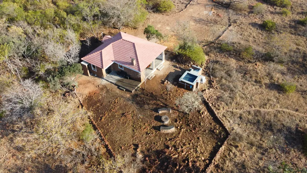 Aerial view of the Sunset Cabin and swimming pool